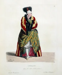 Den franske skuespilleren Henri Louis Cain kalte Lekain eller Le Kain (1729-1778) i rollen som Orosmane i Voltaires skuespill Zaire (1694-1746) ved den franske komedie. Litografi av Hippolyte Lecomte (1781-1857) privatsamling fra 1800-tallet