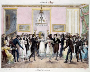 Societe ball i Paris i butikken med fargestifter Conte, place du palais royal i februar 1819 Litografi av Hippolyte Lecomte (1781-1857) 1819. Paris, Musee Carnavalet