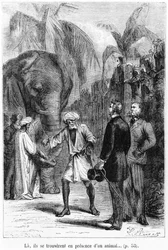 Phileas Fogg foran en elefant, illustrasjon fra 
