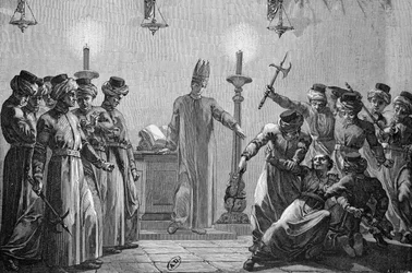 Rituelt mord begått av danittene, ifølge påstandene fra mormonmotstanderne, tegnet av David og gravert av A. Gusmand