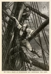 Han tok en hånd på alt og overrasket mannskapet, fra Jorden rundt på åtti dager av Jules Verne (1828-1905) gravert av Henri-Théophile Hildebrand (1824-97), 1873