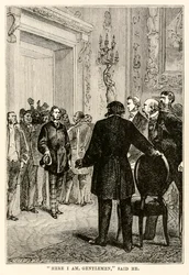 Her er jeg herrer, sa han, fra Jorden rundt på åtti dager av Jules Verne (1828-1905) gravert av Henri-Théophile Hildebrand (1824-97), 1873
