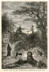 Natten kom, og Passepartout kom tilbake til byen, fra Around the World in Eighty Days av Jules Verne (1828-1905), gravert av Louis Prevost, 1873
