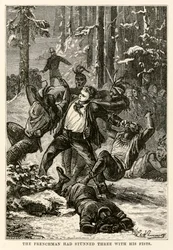 Franskmannen hadde bedøvet tre med knyttnevene, fra Jorden rundt på åtti dager av Jules Verne (1828-1905) gravert av Henri-Théophile Hildebrand (1824-97), 1873