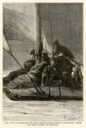 Kulden, økt med den enorme hastigheten, fratok dem talens kraft, fra Jorden rundt på åtti dager av Jules Verne (1828-1905) gravert av Adolphe François Pannemaker (1822-1900),