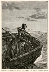 Den unge kvinnen, som satt i hekken, gikk tapt i kontemplasjon, fra Around the World in Eighty Days av Jules Verne (1828-1905), gravert av Jean Louis Prevost, (1790-1850), 1873