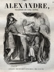 Alexander. Med mitt vennskap motta Axiane - Alexandre den store tragedie i fem akter - gravering i "" Works of Jean Racine"" illustrert av Pauquet og notis av Emile de La Bedolliere - 1851