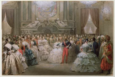 Dronning Victoria (1819-1901) og prins Albert (1819-61) på en gallamiddag gitt av Napoleon III og Eugenie, 1853 (wc på papir)