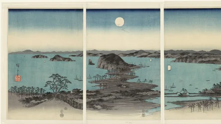 Kveldspanorama av de åtte utsiktene over Kanazawa i Musashi-provinsen Buyo Kanazawa hassho yakei (tittel på objekt) Snow, Moon and Flowers (serietittel) Setsugekka (serietittel)