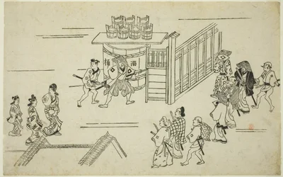 Inngang til Ageyacho, fra serien "The Appearance of Yoshiwara (Yoshiwara no tei)", ca. 1681-84 (treblokktrykk; sumizuri-e, oban)