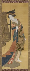 En kurtisane som står nær et klesstativ, Edo-periode, tidlig på 1800-tallet.