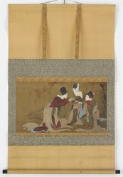 Tre shirabyoshi drikker sake varmet opp over en ild av høstløv, Edo-perioden, 1800-1850.