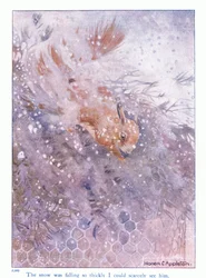 Snøen falt så tykt at jeg knapt kunne se ham, illustrasjon fra "More About the Squirrels" av Eleanor Tyrell, ca. 1915 (farge litho)
