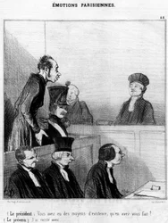 (President) Du hadde et levebrød, hva gjorde du med det? (Tiltalte) Jeg eksisterer med...,, serie tegneserier om parisiske følelser av Honore Daumier (1808-1879). “Charivari”
