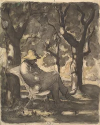 En mann som leser i en hage, 1825-79 (wc over svart kritt, penn og blekk, vask og fargestift)