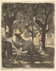 En mann som leser i en hage recto, Foreløpig skisse for en mann som leser i en hage v..., ca. 1865.