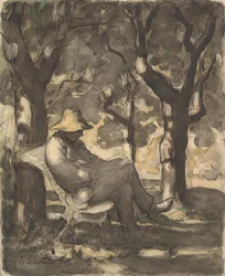 En mann som leser i en hage recto..., ca. 1865.