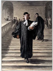 En advokat i kjole ved tinghuset. Litografi av Honore Daumier (1808-1879) Paris fra 1800-tallet, Musee Carnavalet