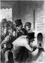 Et teatervindu. Tegneserie av Honore Daumier (1808-1879). Gravering i "" Le Monde Illustré"" nr. 269 av 7. juni 1862.