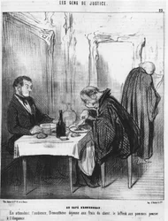 Aguesseaus kafé. Mens Demosthen ventet på høringen, var Demosthen ung på kundens bekostning, eplebiffen vokste til veltalenhet, hentet fra "Gens de Justice", en serie tegneserier om Justice av Honore Daumier (1808-1879). “Charivari”