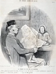 Kunstverk av Honore Daumier (1808-1879). Charivari: Serie THE BEAUTY DAYS OF LIVE. Det stadig mer monsterformatet "" -Avisen vår som kunngjør at for å være behagelig for deg vil den snart øke formatet ytterligere! er det mulig gud? "MUSE DES B