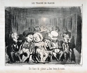 Kunstverk av Honore Daumier (1808-1879) Charivari er fra 1852: Serie LES TRAINS DE PLAISIR -Et lysttog. – Klokken to om morgenen. KUNSTMUSEUM - PALACE LONGCHAMP, MARSEILLE