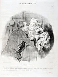 Kunstverk av Honore Daumier (1808-1879). Charivari stammer fra 1848: Serie Les beaux jours de la vie. Besøket til sykepleieren - La oss kysse pappa lille barn kjære - Han vil ikke i dag men vanligvis...”” KUNSTMUSEET - PALACE LONGCHAMP, MARSEILLE