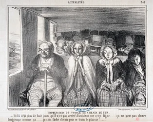 Kunstverk av Honore Daumier (1808-1879) Charivari stammer fra 1855: Serie Actualites de voyage en railroad “” -Her er mer enn åtte dager at det ikke har skjedd en ulykke på denne linjen... det kan ikke vare lenge slik. .. Jeg beklager å ha tatt dette toget