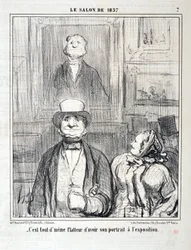 Kunstverk av Honore Daumier (1808-1879). Charivari stammer fra 1857: Serie SALON DE 1857 "" - Det er fortsatt smigrende å ha hans portrett på utstillingen"" MUSEE DES BEAUX ARTS - PALAIS LONGCHAMP, MARSEILLE
