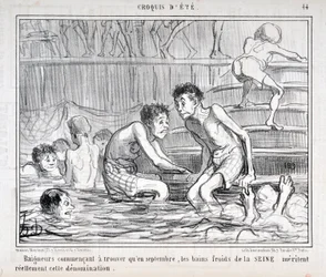 Verk av Honoré Daumier (1808-1879) fra Charivari, datert 1858: serien «Sommerskisser»: «Badende begynner å synes at de kalde badene i Seinen i september fortjener denne betegnelsen.» Musée des Beaux-Arts - Palais Longchamp, Marseille