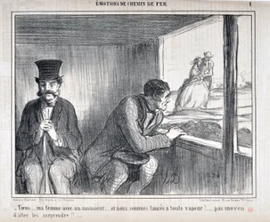 Kunstverk av Honore Daumier (1808-1879) Charivari stammer fra 1858: Serie EMOTIONS EN Chemin de fer - "Her... min kone med en gentleman... og vi går for fullt!... ingen måte å overraske dem!!...” MUSEUM FOR FINE ARTS - PALACE LONGCHAMP, MARS