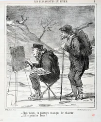 Kunstverk av Honore Daumier (1808-1879). Charivari stammer fra 1864: Serie LES LANDSAGISTS IN WINTER “” - Min gamle mann, maleriet ditt mangler varme - Og maleren så! “” MUSEUM FOR FINE ARTS - PALACE LONGCHAMP, MARSEILLE