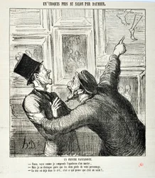 Kunstverk av Honore Daumier (1808-1879). Charivari stammer fra 1865: Serie Sketches Taken at the Salon En lunefull maler. "Her, se hvordan jeg forstår apoteosen til en martyr ... "Men jeg kan bare se de to føttene til din person.- Hodet er allerede i himme