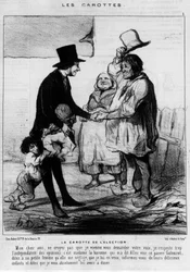 Kandidat for valgbesøk i en bondefamilie: "" Valgets gulrot"" - tegneserie av Daumier, i "" Charivari"" av 21.03.1844