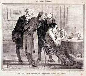 Tegneserie om kunstsamlere. Serien "" Potichomania"": "" En falsk vase fra Japan som beundrer tre kinesere." Gravering av Honore DAUMIER (1808-1879). Utdrag fra avisen "" Le Charivari""