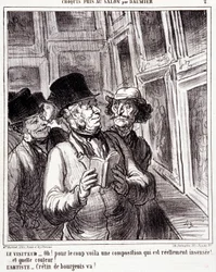 Tegneserie om kunstelskere. Serie "" Skisse tatt på salongen av Daumier "": "" Besøkende: Oh! for kuppet her er en virkelig meningsløs komposisjon (...). Artist: Bourgeois cretin, gå! "" Gravering av Honore DAUMIER (1808-1879). Utdrag fra avisen "" L
