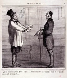 Tegneserie om vitenskap. Serie om “” the Comete of 1857””: I want no ticket...” Gravering av Honore DAUMIER (1808-1879). Utdrag fra avisen "" Le Charivari"" 4. mars