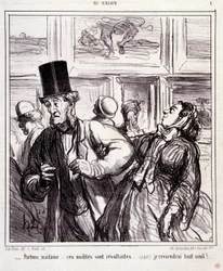 Tegneserie om kunstelskere: Serie "" Au salon"": La oss forlate frue... disse nakene er revoltanter... Jeg kommer tilbake helt alene"" Gravering av Honore DAUMIER (1808-1879). Utdrag fra avisen "" Le Charivari"" 5. mai