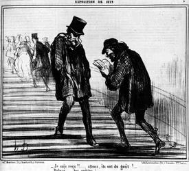 Jeg er mottatt!!... Kom igjen, de smaker!... - Nekt... idioter! , hentet fra "" Paintings and Salons", tegneserieserie av Honore Daumier (1808-1879). “Charivari”