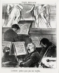 Musikalske skisser: orkesteret mens du spiller en tragedie. Illustrasjon d