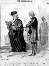 Min kjære herr, det er absolutt umulig for meg å glede din virksomhet... du savner de viktigste brikkene... (bortsett fra) myntene!... , fra "Gens de Justice", tegneserieserie om Justice av Honore Daumier (1808-1879). “Charivari”