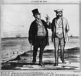 Bader ved sjøen: Parisere på en Trouville-strand med vekten av tradisjoner og familievaner - av Honore Daumier, i "" Charivari"" fra 25.08.1859