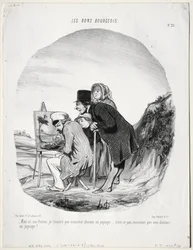 The Good Bourgeois, Plate 23: "Men ja, min kjære, jeg forsikrer deg om at denne herren tegner et landskap...er det ikke slik, sir, at du tegner et landskap?" (Les bons bourgeios, planche 23: Mais si, ma femme...monsieur dessine un paysage..)