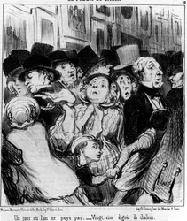 Showets publikum. En dag betaler du ikke. Tjuefem varmegrader, hentet fra "" Paintings and Salons", tegneserieserie av Honore Daumier (1808-1879). “Charivari”