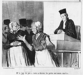 Fredsdommeren har avsagt sin avgjørelse, partene er ment å bli forsonet..., tegneserie av Honore Daumier (1808-1879). "Charivari".