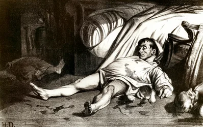 Massakren i Rue Transnonain 14/04/1834: militæret massakrerer innbyggerne i bygningen i Rue Transnonain 12 i Paris og gjenerobrer den etter at en av deres offiserer er drept - Litografi av Honoré Daumier (1808-1879), 1837. Privat samling