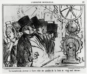 Universell utstilling: en dreieskive designet for å steke kyllinger med styrken til tjueni hester. Illustrasjon av Honore Daumier (1808-1879), publisert i nyhetene, "" Charivari", datert 20. juli 1855.