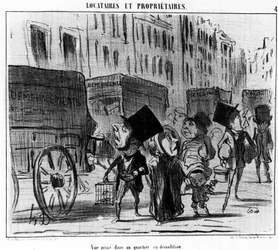 Utsikt tatt i et rivningsnabolag, hentet fra "" Tenants et Proprietaires", tegneserieserie av Honore Daumier (1808-1879). “Charivari”