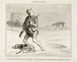 «– Jeg lurer på hvorfor dette beistet følger etter meg hele tiden ... Jeg betaler gjerne 6 sous for å hoppe på en buss», tallerken 1 fra Émotions De Chasse