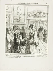 «– Enda flere venuser i år ... alltid venuser! ... som om det fantes noen kvinner bygd slik!», plansje 2 fra Croquis Pris Au Salon par Daumier